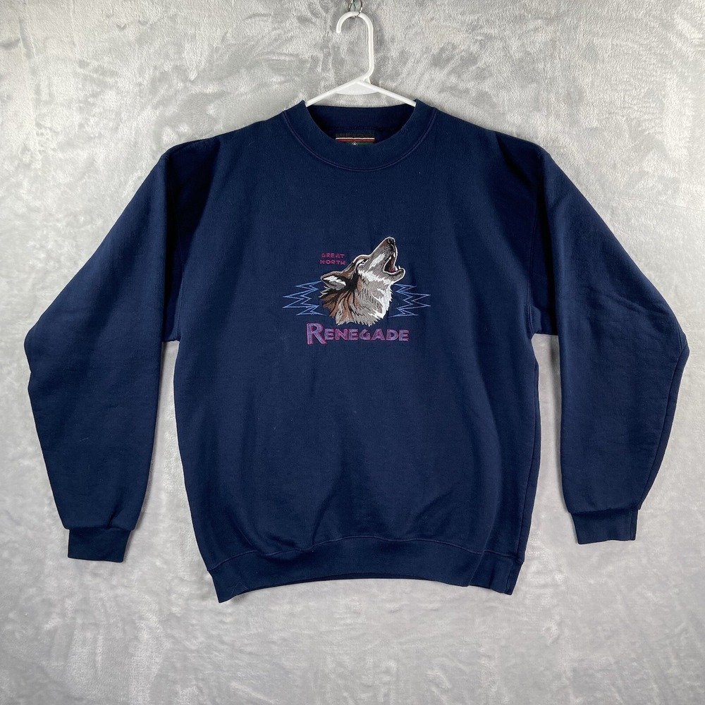VTG Headwaters Sweater Mens Large Wolf Renegade Howling Embroidered Crew Neck